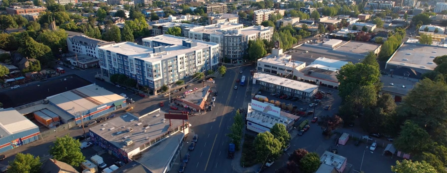 a city with many buildings and trees