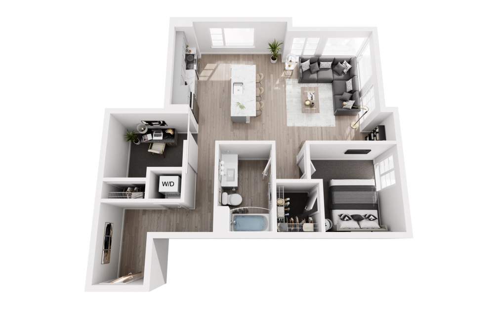 A7 - 1 bedroom floorplan layout with 1 bathroom and 885 square feet