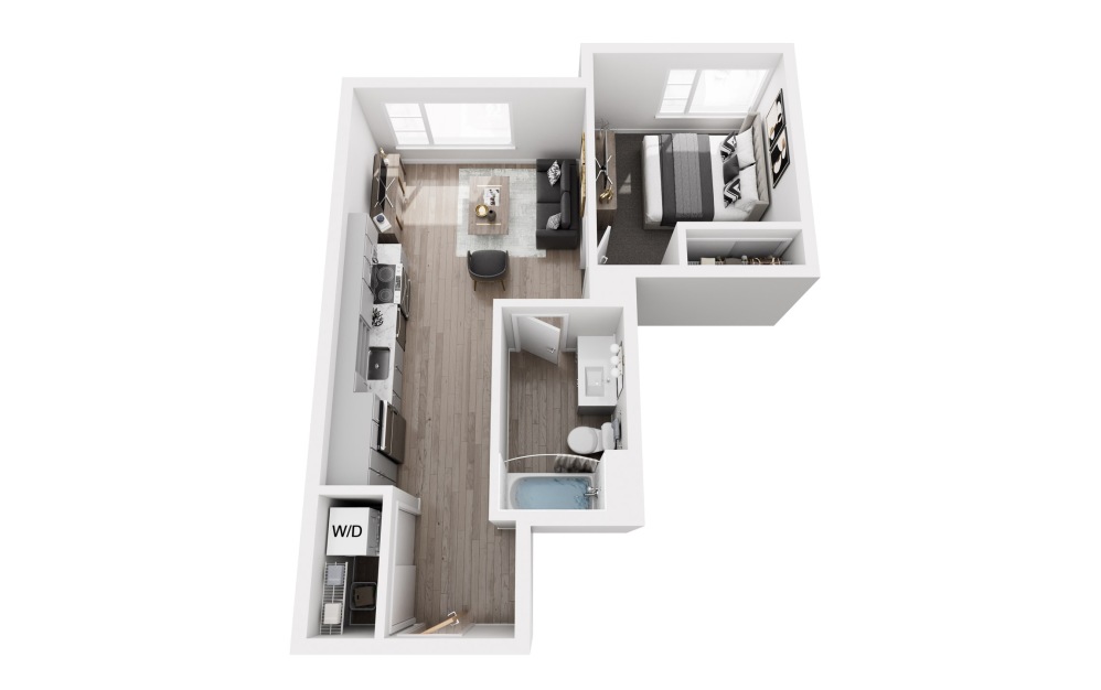 A3 1x1 - 1 bedroom floorplan layout with 1 bathroom and 568 square feet A3 1x1 - 1 bedroom floorplan layout with 1 bathroom and 568 square feet