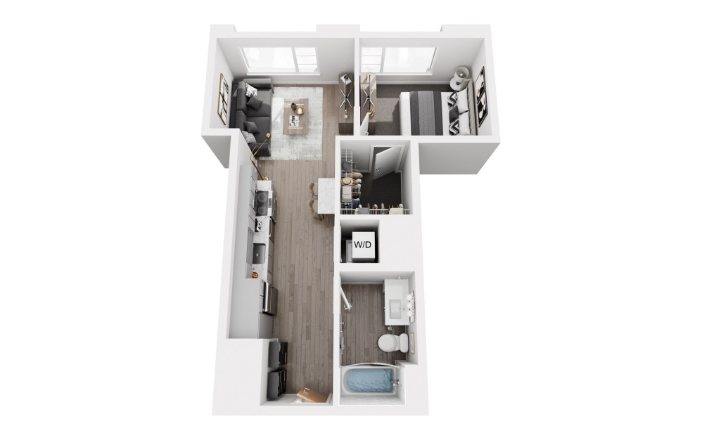 A2 - 1 bedroom floorplan layout with 1 bathroom and 567 - 590 square feet