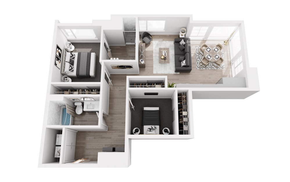 B2 - 2 bedroom floorplan layout with 2 bathrooms and 987 - 996 square feet