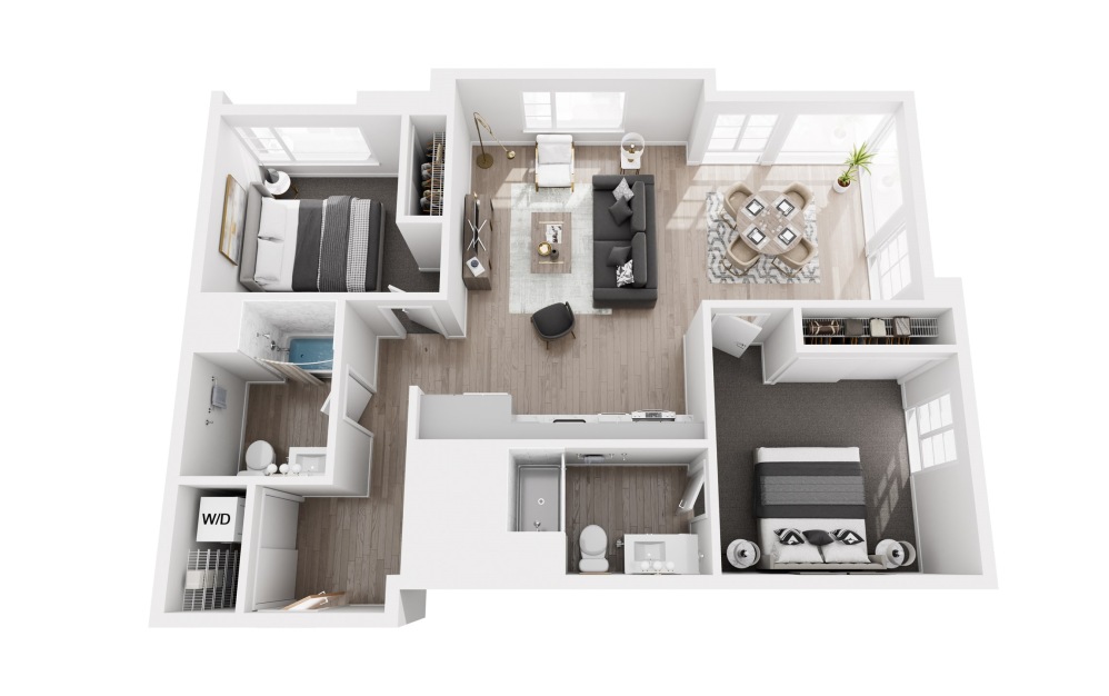 B4 - 2 bedroom floorplan layout with 2 bathrooms and 1050 - 1053 square feet