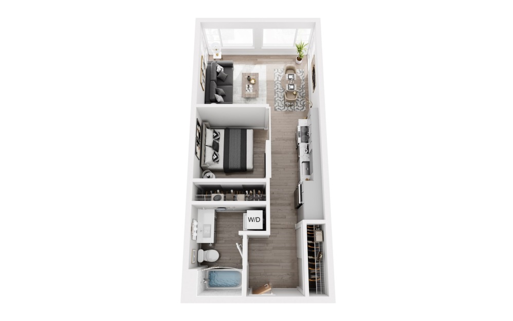 OA2 - 1 bedroom floorplan layout with 1 bathroom and 544 - 591 square feet