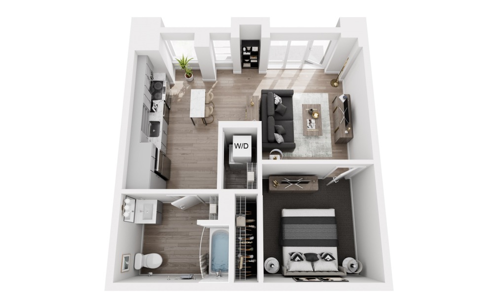 OA1TH - 1 bedroom floorplan layout with 1 bathroom and 653 square feet