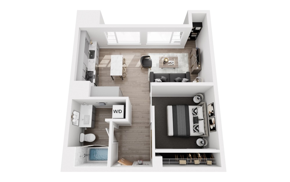 OA6 - 1 bedroom floorplan layout with 1 bathroom and 588 square feet