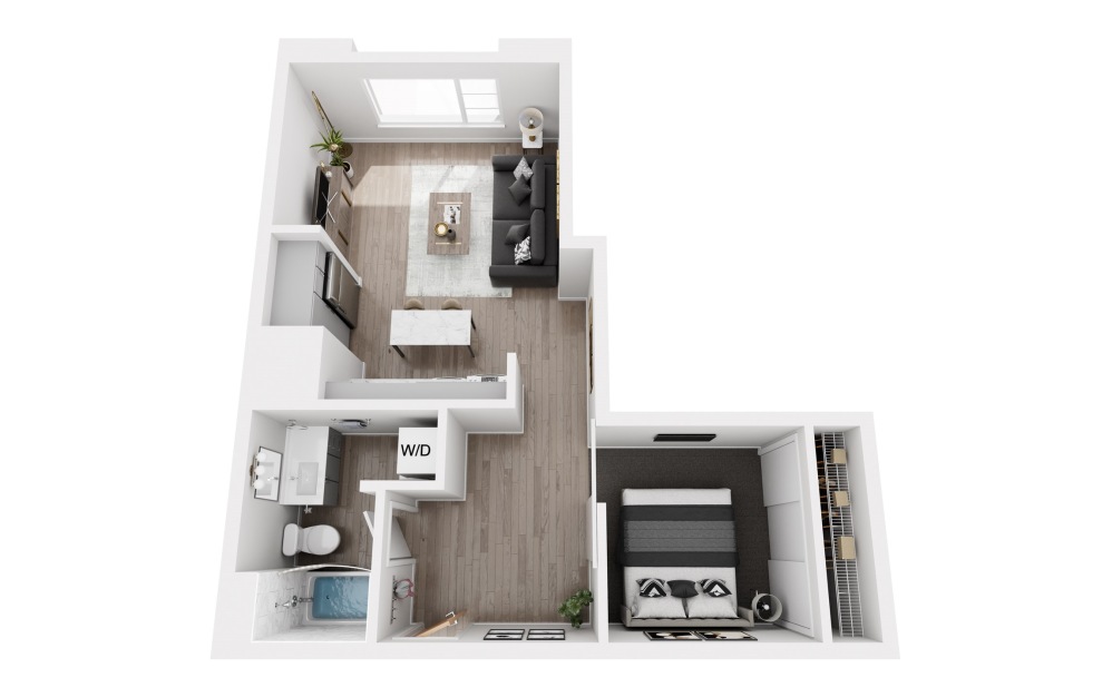 OA7 - 1 bedroom floorplan layout with 1 bathroom and 589 square feet